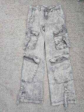 Disclosure Women’s 5/27 Gray Acid Wash High Rise Wide Leg Denim Cargo Jeans